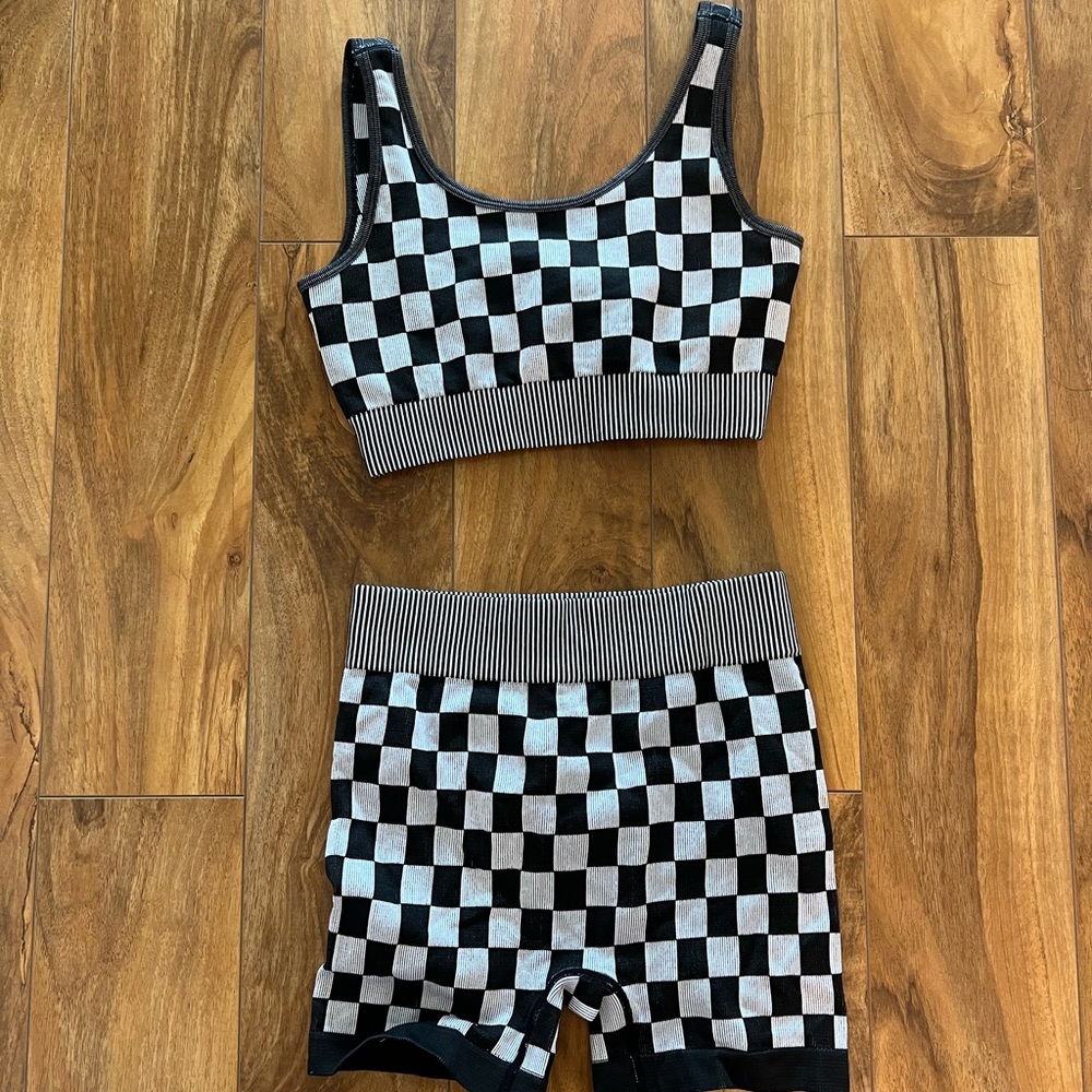 Checkered Black and White Crop Top & Shorts Set